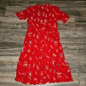 Vintage Button Down dress medium red shoe- print pockets lightweight ♥️ B1